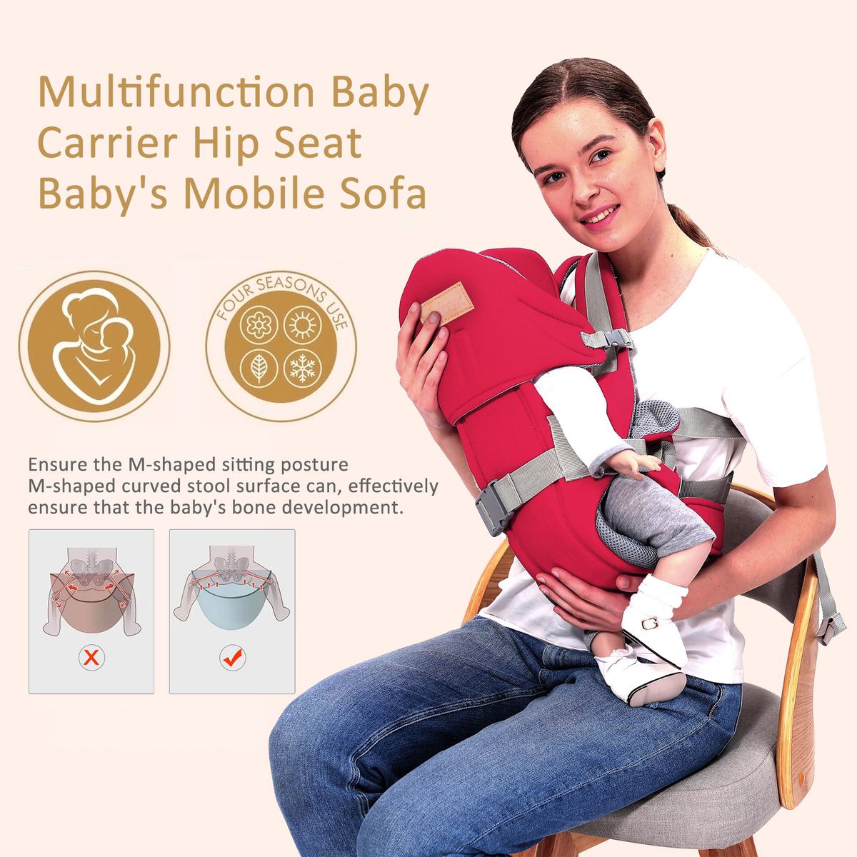 Multifunctional & Comfortable Baby Carrier - Red_1